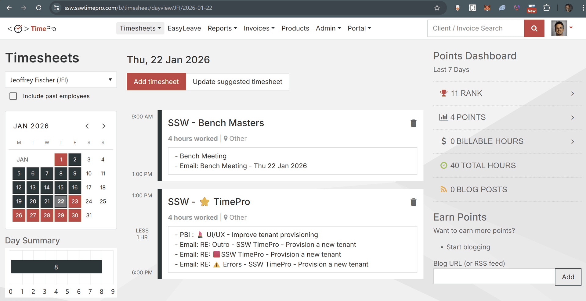 Example of a TimePro dashboard